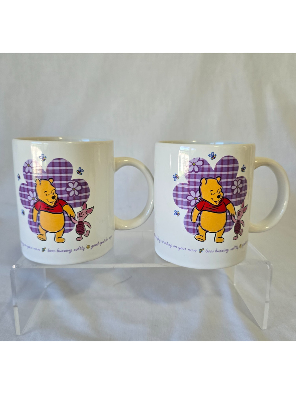 2 Disney Winnie the Pooh & Piglet Ceramic Mugs Purple Clover 12oz Bees Buzzing